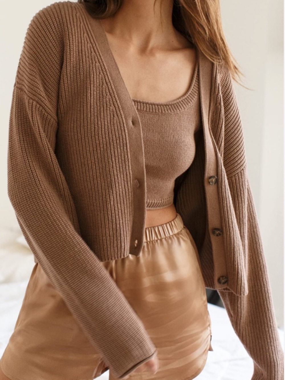 Reformation Elke Cropped Knit Cardigan In Clay 100% Cotton Size Medium